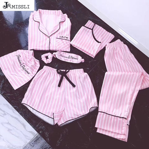 7 pieces Pink pajamas sets satin silk - Yrvan-Shop