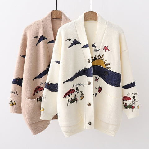 Women's Autumn Sweaters Embroidery Knit Cardigans V-neck Single Breasted Casual - Yrvan-Shop