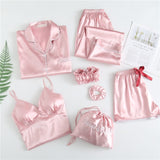 7 Pieces Womens Silk Satin Pajamas Sets P - Yrvan-Shop