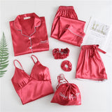 7 Pieces Womens Silk Satin Pajamas Sets P - Yrvan-Shop