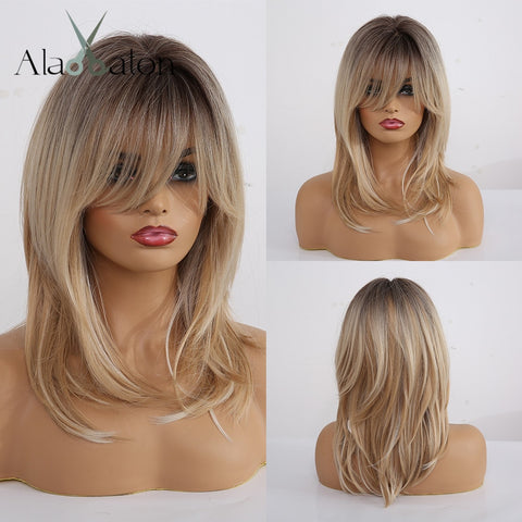 Ombre Black Brown Blonde Gray Ash Full Wigs with Bangs for Black Women - Yrvan-Shop