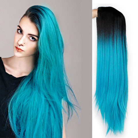 Ombre Blue Green Straight Long Synthetic Wigs For Women - Yrvan-Shop