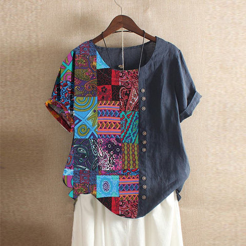 Women's Patchwork Blouse Casual Printed Tops Vintage - Yrvan-Shop