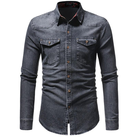 Jeans Shirt for Men Long sleeve Lined Plaid Denim Casual - Yrvan-Shop