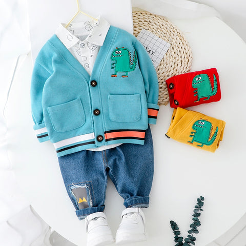 Toddler Boy Clothes Sets For Boy Girl Baby 2020 New Fashion Dinosaur 3pcs Knit Coat Shirt Jeans Set Clothing Boys 1 2 3 4 Year - Yrvan-Shop