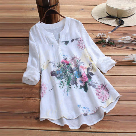 Women Vintage V-Neck Floral Printing Patch Long Sleeves - Yrvan-Shop