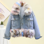 fox fur collar and cuff cotton thicken lining patchwork winter denim jacket women coat streetwear baggy warm jeans jackets coats - Yrvan-Shop