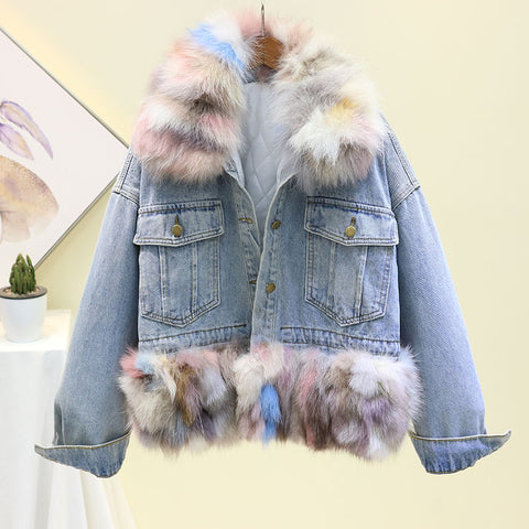 fox fur collar and cuff cotton thicken lining patchwork winter denim jacket women coat streetwear baggy warm jeans jackets coats - Yrvan-Shop