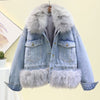 fox fur collar and cuff cotton thicken lining patchwork winter denim jacket women coat streetwear baggy warm jeans jackets coats - Yrvan-Shop