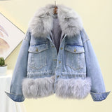 fox fur collar and cuff cotton thicken lining patchwork winter denim jacket women coat streetwear baggy warm jeans jackets coats - Yrvan-Shop