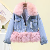 fox fur collar and cuff cotton thicken lining patchwork winter denim jacket women coat streetwear baggy warm jeans jackets coats - Yrvan-Shop