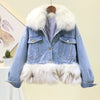 fox fur collar and cuff cotton thicken lining patchwork winter denim jacket women coat streetwear baggy warm jeans jackets coats - Yrvan-Shop