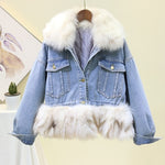 fox fur collar and cuff cotton thicken lining patchwork winter denim jacket women coat streetwear baggy warm jeans jackets coats - Yrvan-Shop