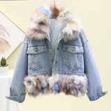 fox fur collar and cuff cotton thicken lining patchwork winter denim jacket women coat streetwear baggy warm jeans jackets coats - Yrvan-Shop