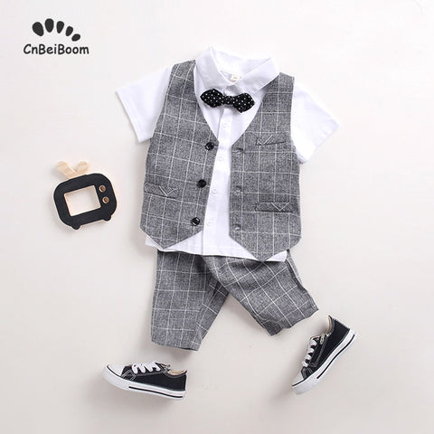 Boy clothing sets 2019 baby dress Boy's flower boys dress short sleeve birthday wedding children clothes set vest shirt pant bow - Yrvan-Shop